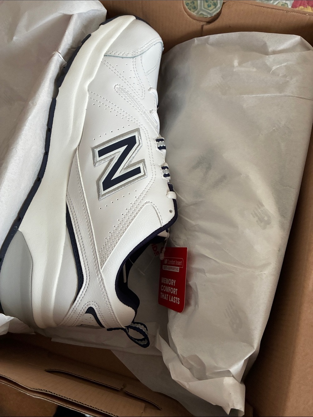 New Balance Men’s White and Navy Leather Athletic Sneakers